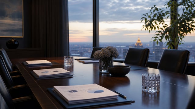 Wealth management conference room with printed reports and a city skyline at dusk