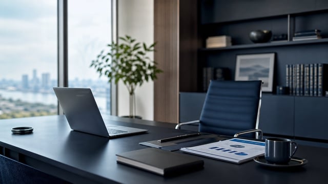 Modern wealth management office desk with financial documents and laptop in soft daylight