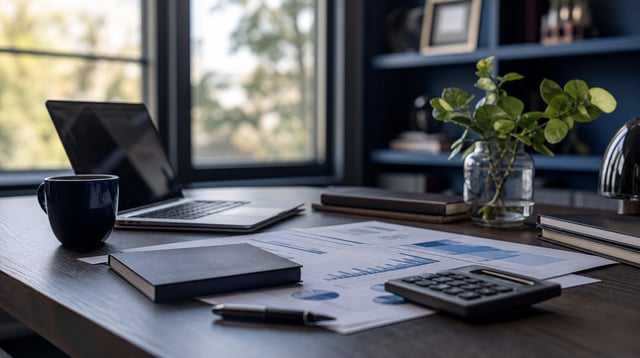 Wealth management workspace with laptop and financial planning papers