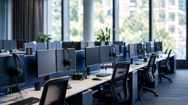Empty support center desks with headsets and monitors in daylight