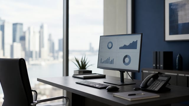 Insurance brokerage office with phone and computer
