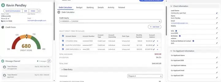 Debt resolution platform on Salesforce: client record screen (test data)