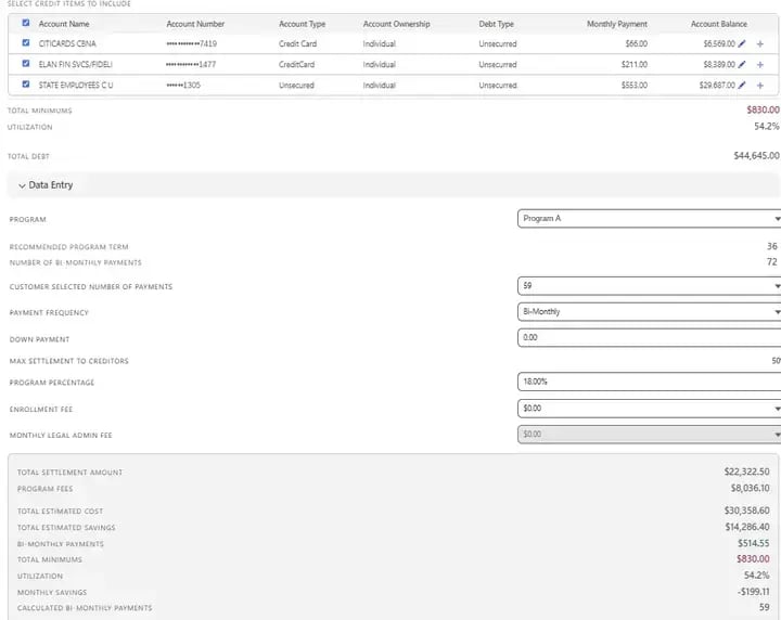 Debt resolution platform on Salesforce: debt calculator screen (test data)