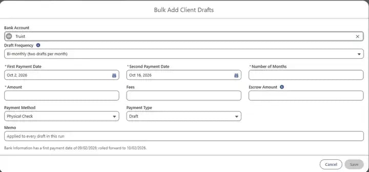 Debt resolution platform on Salesforce: draft scheduling screen (test data)
