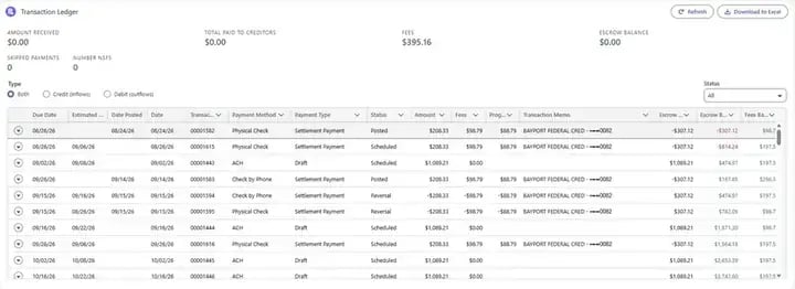 Debt resolution platform on Salesforce: transaction ledger screen (test data)