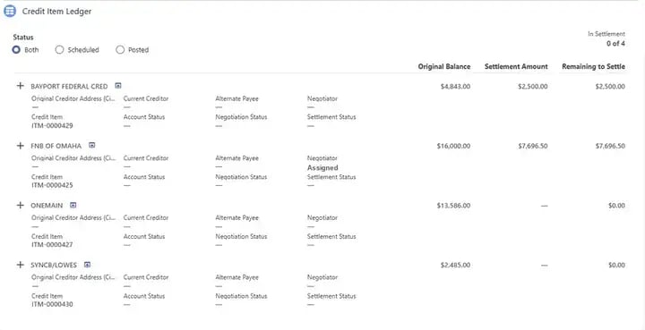 Debt resolution platform on Salesforce: credit item ledger screen (test data)