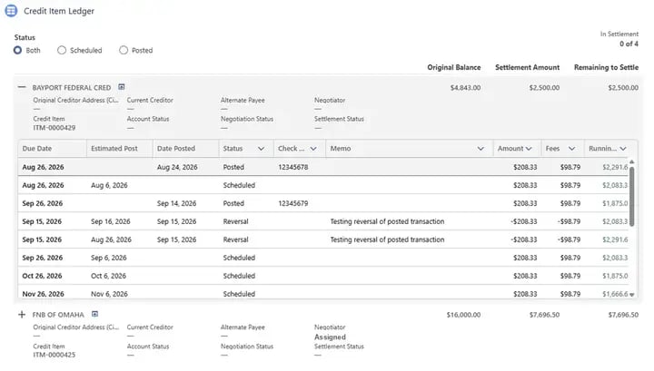 Debt resolution platform on Salesforce: settlement schedule screen (test data)