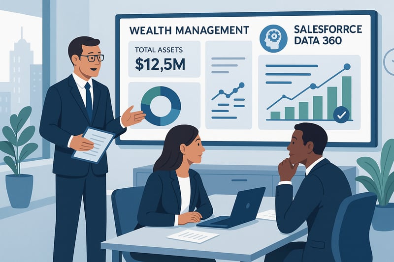 A digital illustration of wealth management professionals analyzing integrated dashboards powered by Salesforce Data 360