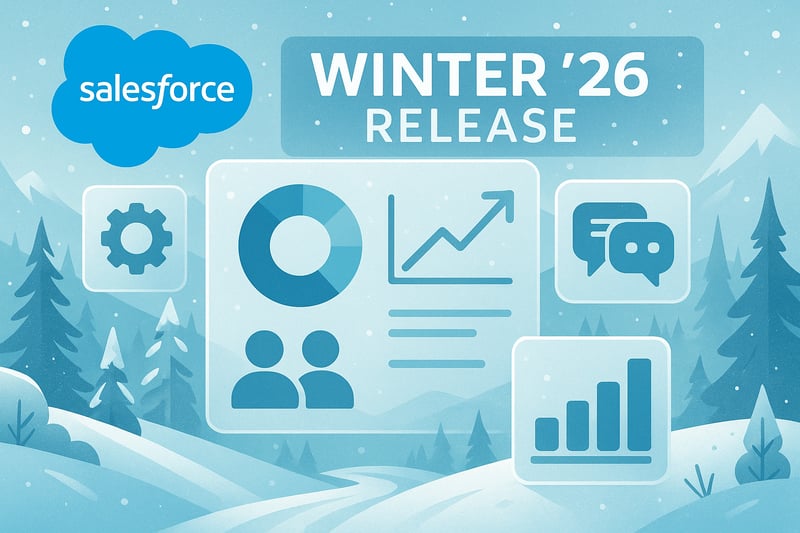 A stylized digital illustration of the Salesforce Winter 26 Release with new features visually represented as icons and