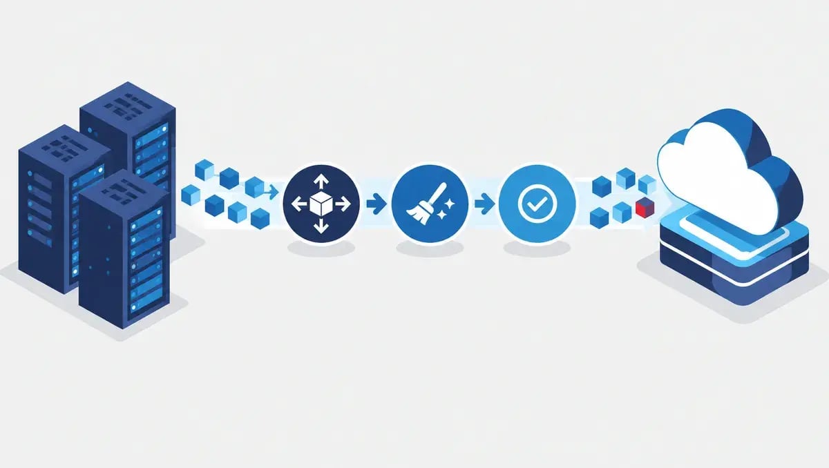 Illustration of legacy servers sending data through map, clean and validate steps into a cloud CRM
