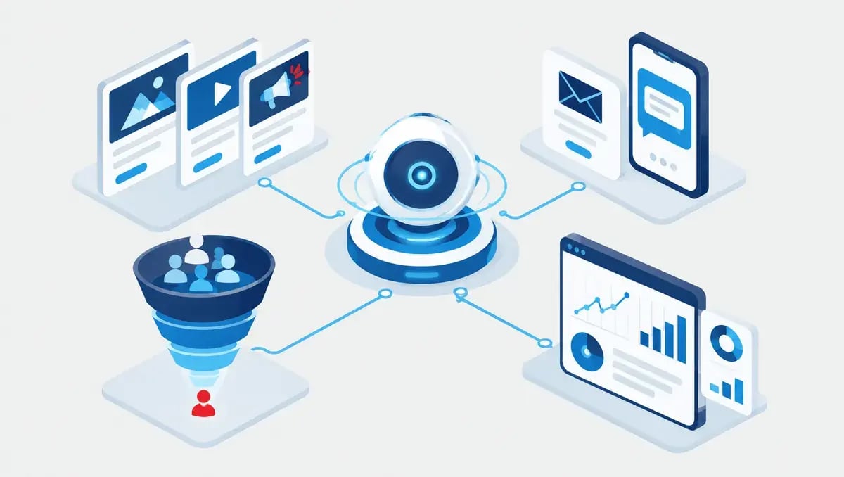 Illustration of an agentic AI marketing command center coordinating campaigns, messages, audiences and analytics