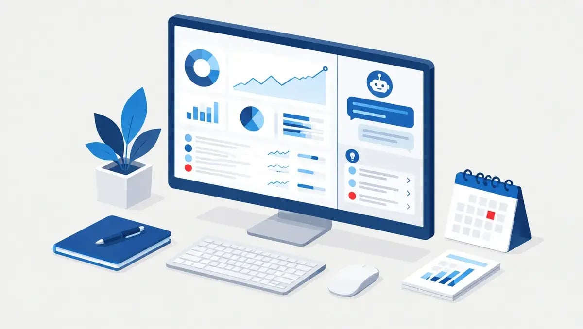 Illustration of an advisor workstation with a client portfolio dashboard and an AI assistant panel suggesting next actions