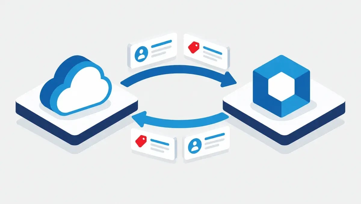 Illustration of two CRM platforms linked by two-way sync arrows carrying contact and deal records