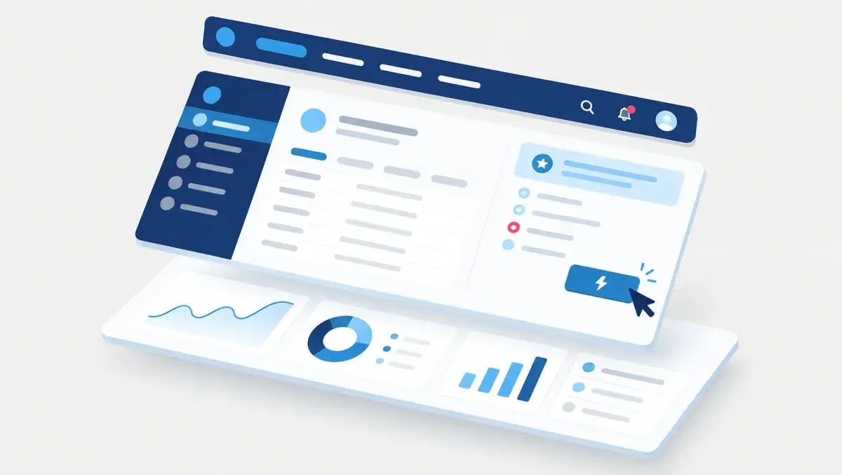 Illustration of a redesigned CRM interface with a record page, dashboard cards and a quick action button