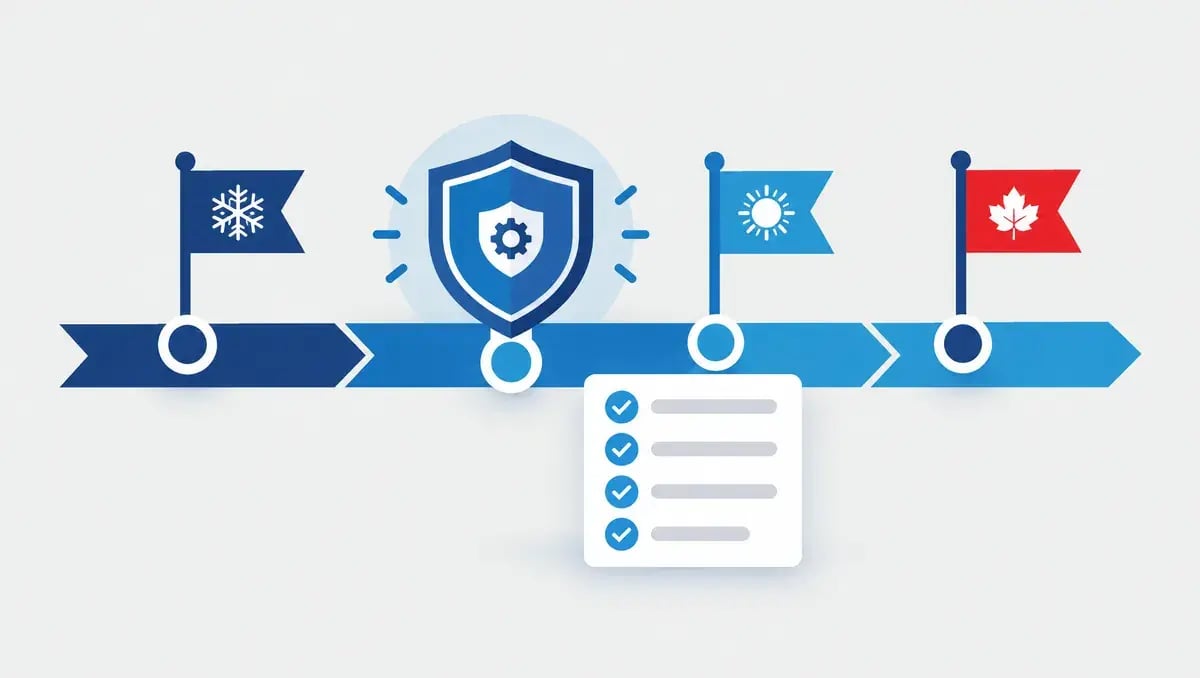 Illustration of a seasonal release roadmap with a shield over the current milestone and a test checklist