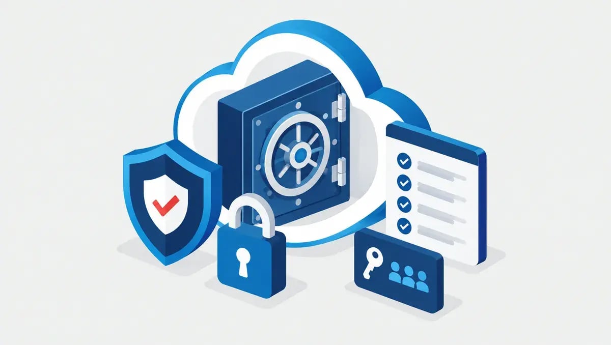 Illustration of a secure cloud vault with a shield, padlock, audit checklist and permissions key card for CRM compliance