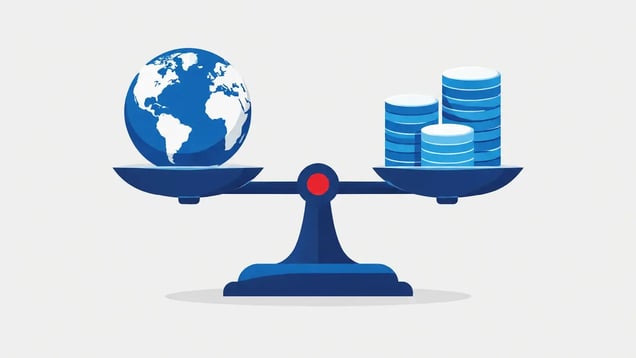 Illustration of a globe and stacked coins balanced on a scale