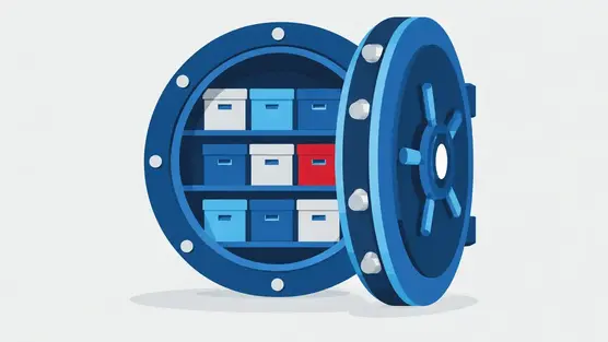 Illustration of an open vault door with deposit boxes