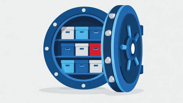 Illustration of an open vault door with deposit boxes