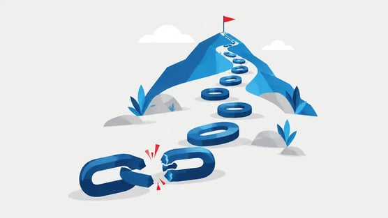 Illustration of a broken chain turning into stepping stones up a hill