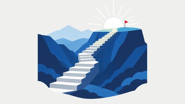 Illustration of a staircase climbing out of a valley toward sunrise