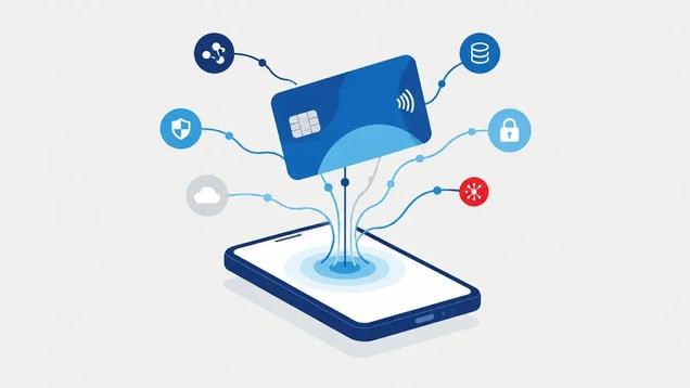 Illustration of a phone and payment card linked by data lines