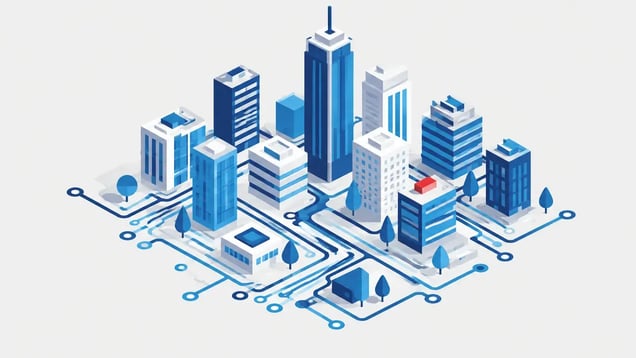 Illustration of a city rising from a circuit board