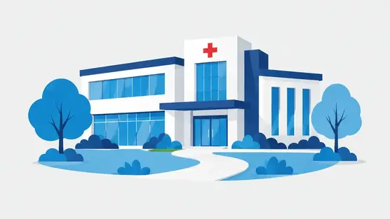 Illustration of a modern clinic building with trees