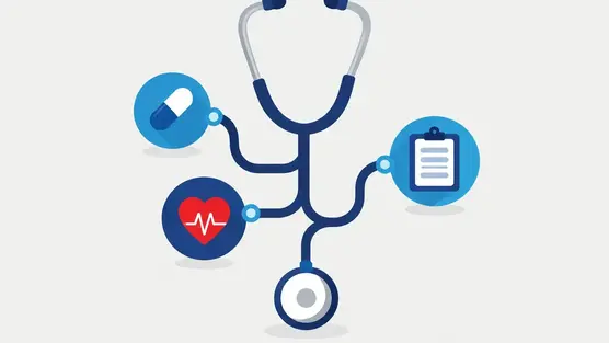 Illustration of a stethoscope linking medical icons