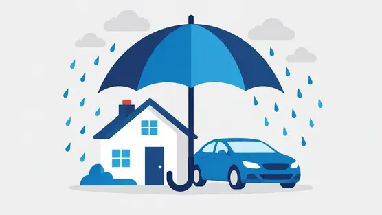 Illustration of an umbrella sheltering a house and car from rain
