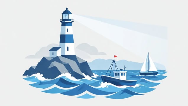 Illustration of a lighthouse beam guiding boats through rough water