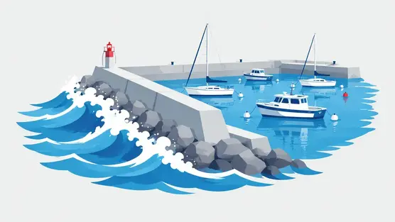 Illustration of a seawall holding back waves from moored boats