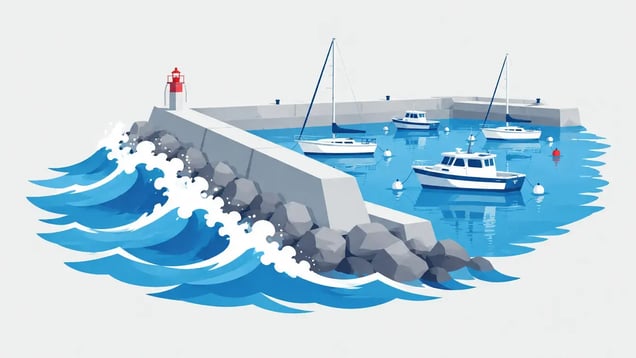 Illustration of a seawall holding back waves from moored boats