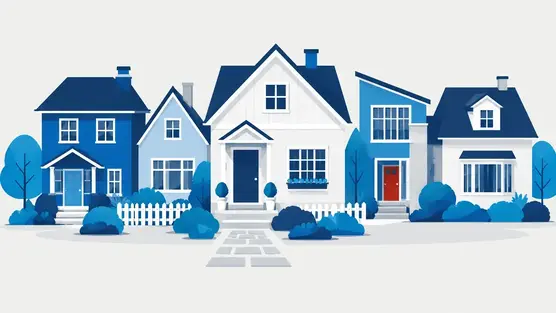 Illustration of a neighborhood street with a path to one front door