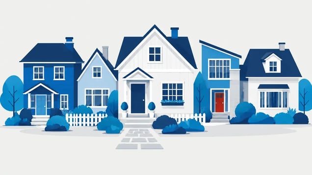 Illustration of a neighborhood street with a path to one front door
