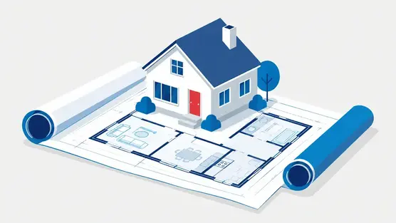 Illustration of house blueprints with a model home on top