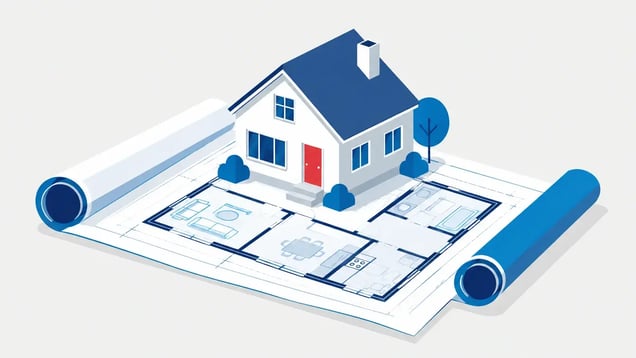 Illustration of house blueprints with a model home on top