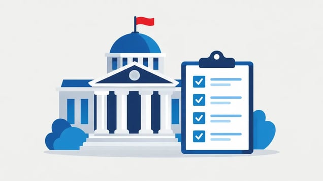 Illustration of a civic building beside a completed checklist