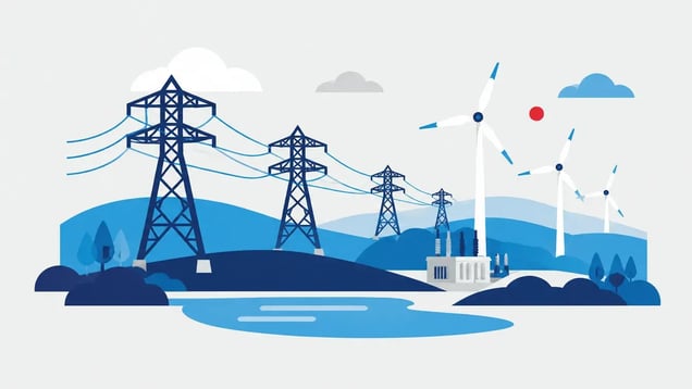Illustration of transmission towers and wind turbines on hills