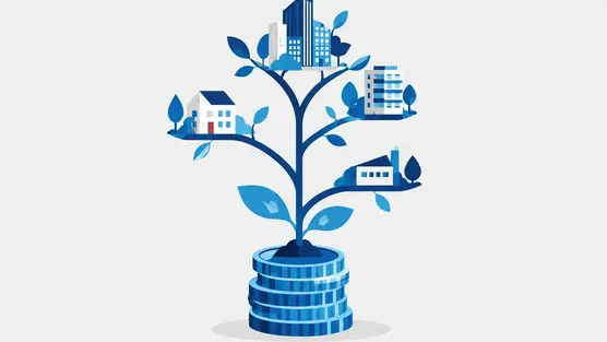 Illustration of a seedling on stacked coins growing into a tree of buildings