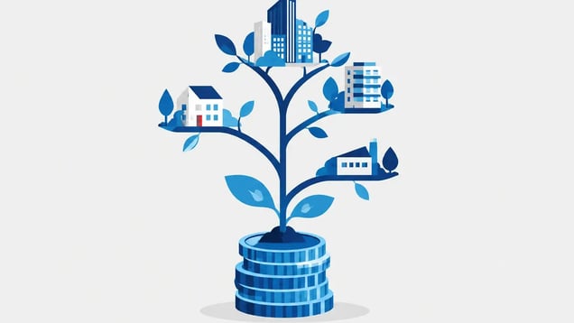 Illustration of a seedling on stacked coins growing into a tree of buildings