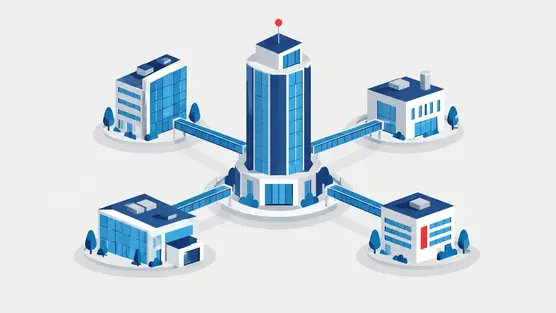Illustration of portfolio company buildings bridged to a central tower