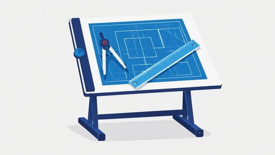 Illustration of a drafting table with a blueprint and compass