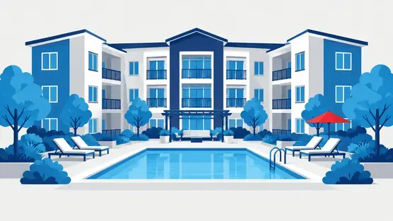 Illustration of an apartment complex with a pool courtyard