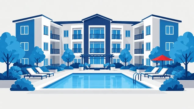 Illustration of an apartment complex with a pool courtyard