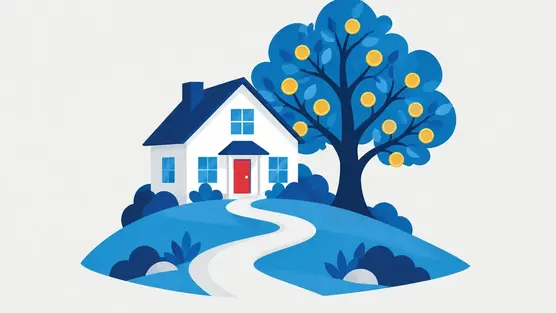 Illustration of a family home on a hill beside a tree hung with gold coins