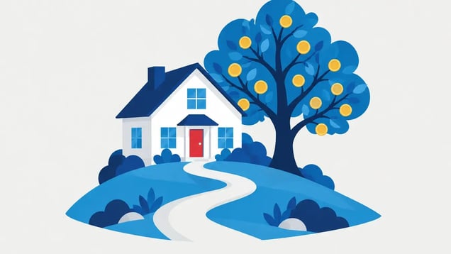 Illustration of a family home on a hill beside a tree hung with gold coins