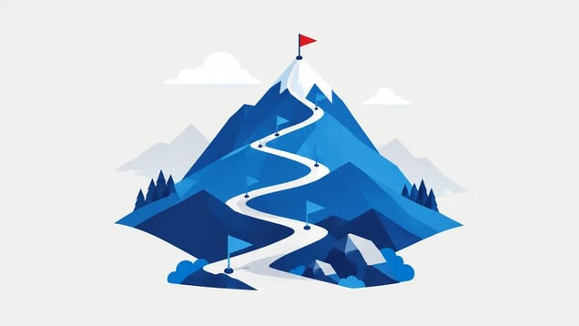 Illustration of a mountain trail with milestone flags leading to a summit