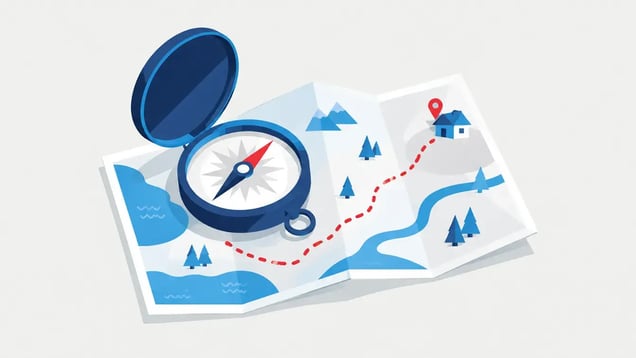 Illustration of a compass on a route map with a dotted path to a home