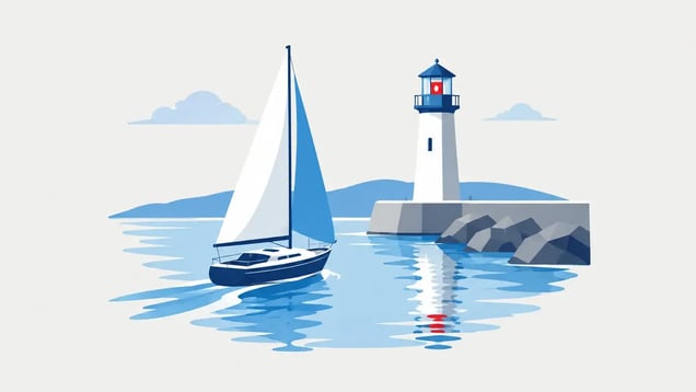 Illustration of a sailboat heading toward a harbor lighthouse